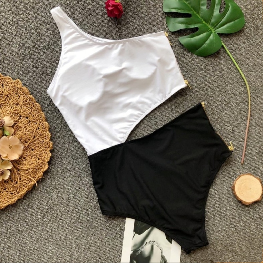 One Shoulder Zip One Piece Monokini Swimsuit - Picture 5 of 9